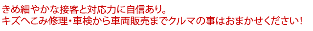 きめ細やかな接客と対応力に自信あり。キズへこみ修理・車検から車両販売までクルマの事はおまかせください！